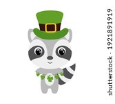 Cute raccoon in green leprechaun hat. Cartoon sweet animal with clovers. Vector St. Patrick