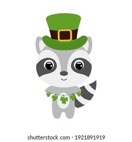 Cute raccoon in green leprechaun hat. Cartoon sweet animal with clovers. Vector St. Patrick's Day illustration on white background. Irish holiday folklore theme.