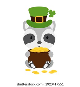 Cute raccoon in green leprechaun hat with clover holds bowler with gold coins. Cartoon sweet animal. Vector St. Patrick's Day illustration on white background. Irish holiday folklore theme.