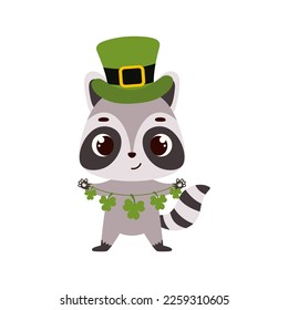 Cute raccoon in green leprechaun hat with clover. Irish holiday folklore theme. Cartoon design for cards, decor, shirt, invitation. Vector stock illustration.