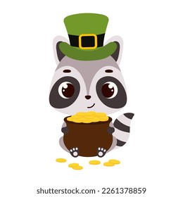 Cute raccoon in green leprechaun hat holds bowler with gold coins. Irish holiday folklore theme. Cartoon design for cards, decor, shirt, invitation. Vector stock illustration.