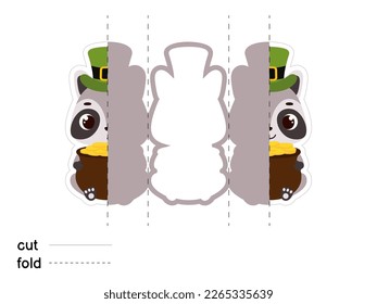 Cute raccoon in green leprechaun hat holds bowler with gold coins. Irish holiday folklore theme. Fold long greeting card template. Printable color scheme. Print, cut out, fold. Vector illustration.