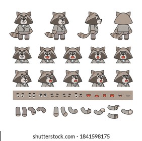 Cute raccoon in grey suit creation kit. Create your own action or animation. Vector illustration bundle