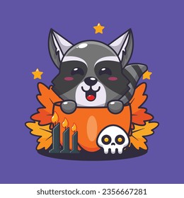 Cute raccoon in halloween pumpkin. Cute halloween cartoon illustration. 