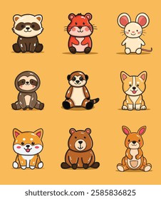 a cute raccoon, hamster, mice, sloth, meerkat, corgy, shiba inu, beaver, and kangaroo illustration or animal set