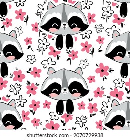 Cute Raccoon hand drawn vector illustration. Childrens print for fabric with animal cartoon. Pattern seamless.