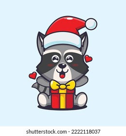 Cute raccoon happy with christmas gift. Cute christmas cartoon illustration. 