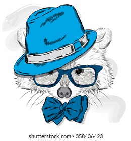 Cute raccoon hat and sunglasses . Animal clothing . Hipster.