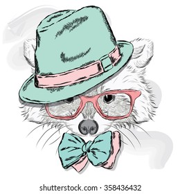 Cute raccoon hat and sunglasses . Animal clothing . Hipster. 