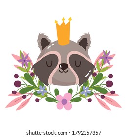 cute raccoon head with crown animal flowers foliage nature decoration cartoon vector illustration
