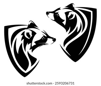 cute raccoon head inside stylized heraldic shield - black and white animal hand drawn emblem vector design