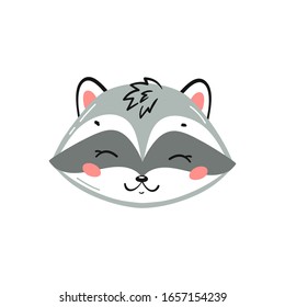 Cute Raccoon Head Print Design for Kids. Little Raccoon Face. Doodle Cartoon Kawaii Animal Vector Illustration. Scandinavian Print or Poster Design, Baby Shower Greeting Card