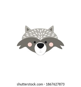 Cute raccoon head print design for kids. Baby Raccoon Face. Vector Illustration. Greeting card for baby shower