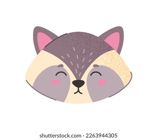 Cute raccoon head. Tropical and exotic animal. Poster or banner for website. Mammal and wild life, fauna and biology, zoo. Toy or mascot for kids. Cartoon flat vector illustration