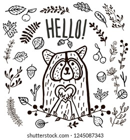 Cute raccoon head vector illustration. Design element, modern style clipart with hand drawn cartoon in black and white