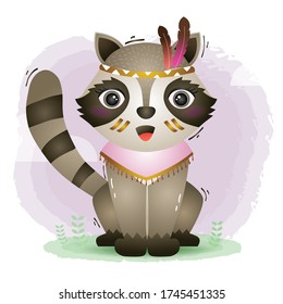 a cute raccoon in a headdress with feathers. Cartoon apache raccoon. Vector illustration