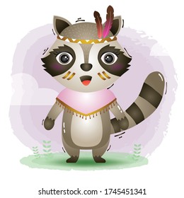 a cute raccoon in a headdress with feathers. Cartoon apache raccoon. Vector illustration