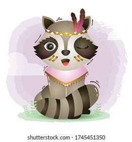 a cute raccoon in a headdress with feathers. Cartoon apache raccoon. Vector illustration