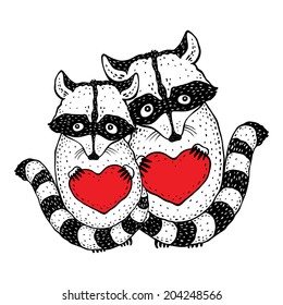 Cute raccoon with heart in hands. Hand Drawn vector illustration.