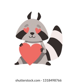 Cute Raccoon with Heart Shaped Eyes Holding Red Heart, Funny Humanized Grey Coon Animal Character in Love Vector Illustration