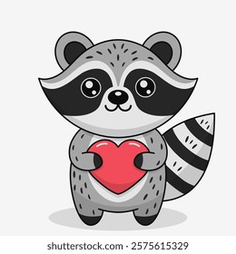 Cute raccoon with heart. Valentines Day card. Vector illustration