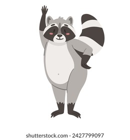 Cute raccoon with hello gesture. Funny raccoon in standing pose vector illustration