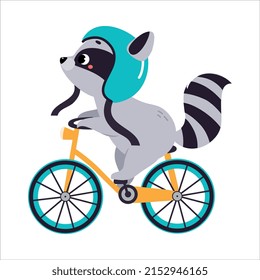 Cute Raccoon in Helmet Biking or Cycling Riding Bicycle Vector Illustration