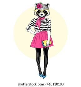 cute raccoon hipster girl, furry art illustration, fashion animals, dressed up animals