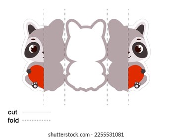 Cute raccoon hold heart. Fold long greeting card template. Great for St. Valentine day, birthdays, baby showers. Printable color scheme. Print, cut out, fold. Vector stock illustration.
