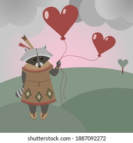 Cute raccoon holding a balloons in its paws. Raccoon dressed in traditional Indian costume. The character is great for a beautiful and unusual valentine's day card.