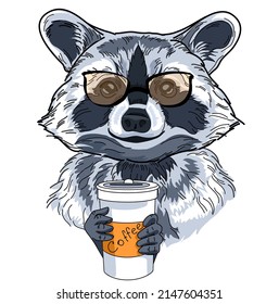 
A cute raccoon is holding a glass of coffee. raccoon with glasses. Print for t-shirts, sweatshirts. Sketch draw. Vector illustration