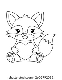 Cute Raccoon Holding Heart Coloring Page for Kids and Valentine Theme