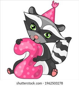 The cute raccoon is holding the number two for girl. Illustration for the first birthday. 
Cake topper print. Vector illustration isolate. Print for T-shirts and sweatshirts.