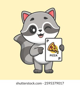 Cute Raccoon Holding Pizza Card Game Cartoon Vector Icon Illustration. Animal Education Icon Concept Isolated Premium Vector. Flat Cartoon Style