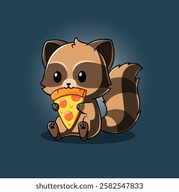 Cute Raccoon Holding Pizza Cartoon Vector Icon Illustration Animal Food Icon Isolated Flat Vector