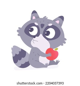 Cute Raccoon Holding Red Apple To Eat Vector Illustration. Cartoon Isolated Racoon Character Eating Natural Fruit, Wild Forest Kawaii Animal With Furry Striped Tail And Big Eyes On Funny Face Sitting