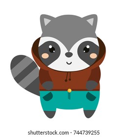 Cute raccoon in hoodie. Cartoon kawaii animal character. Vector illustration for kids and babies fashion.
