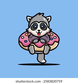 Cute raccoon hug big doughnut cartoon