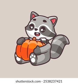 Cute Raccoon Hug Pumpkin Cartoon Vetor Icon Illustration. 
Animal Nature Icon Concept Vetor Premium Isolado. Plano 
Estilo de Desenho Animado 