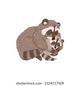 Cute raccoon hugging cub flat style, vector illustration isolated on white background. Animal family, decorative design element for postcards, wildlife and nature