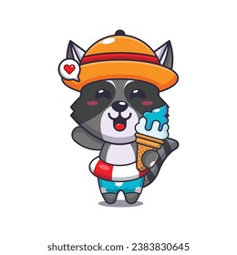 Cute raccoon with ice cream on beach cartoon illustration. Cute summer cartoon illustration. 