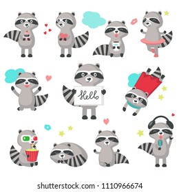 Cute raccoon icon set for greeting card, invitation, poster, sticker, print. Vector isolated illustration of funny raccoons with hearts, cake, coffee, popcorn, 3-d glasses, microphone and headphones.