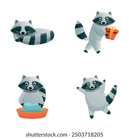 Cute raccoon icons set cartoon vector. Little striped raccoon. Cartoon character