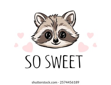 Cute raccoon illustration with playful hearts for kids design with message so sweet vector illustration