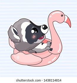 Cute raccoon kawaii cartoon character. Adorable and funny animal with pink flamingo swimming ring isolated sticker, patch. Anime baby smiling and happy raccoon on rest, resort emoji on blue background