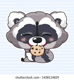 Cute raccoon kawaii cartoon character. Adorable and funny animal eating biscuits, cookies isolated sticker, patch, kids book illustration. Anime baby raccoon tasting sweets emoji on blue background