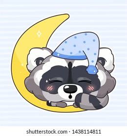 Cute raccoon kawaii cartoon vector character. Adorable and funny animal sleeping isolated sticker, patch. Night time, bedtime. Anime baby raccoon in night hat, cap with moon emoji on blue background