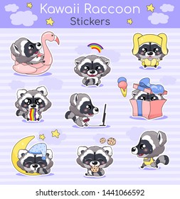 Cute raccoon kawaii cartoon vector characters set. Adorable and funny smiling animal isolated stickers, patches pack. Anime baby raccoon sleeping, eating cookies, running emojis on violet background