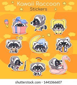 Cute raccoon kawaii cartoon vector characters set. Adorable and funny smiling animal isolated stickers, patches pack. Anime baby raccoon sleeping, eating cookies, running emojis on orange background