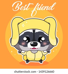 Cute raccoon kawaii character social media post mockup. Best friend lettering. Positive poster, card template with animal in hare costume. Social media content layout. Print, kids book illustration